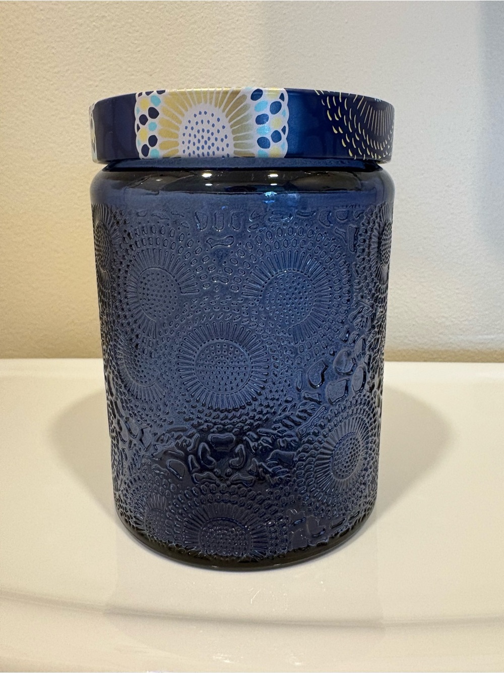 Empty Voluspa Blue Embossed Candle Jar For 18 Oz Candle Cleaned